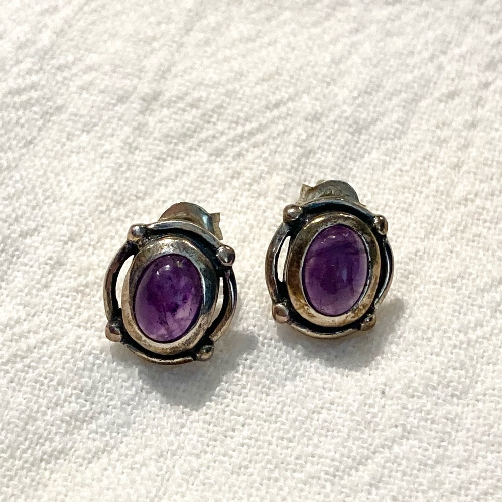 Amethyst Stud Earrings Vintage Finish